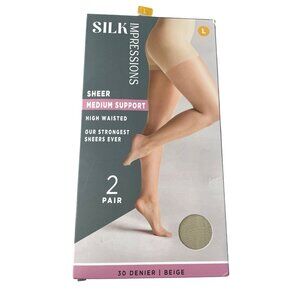 Silk Impressions Pantyhose Size Large Sheer Medium Support 2 Pair 30 Denier NEW
